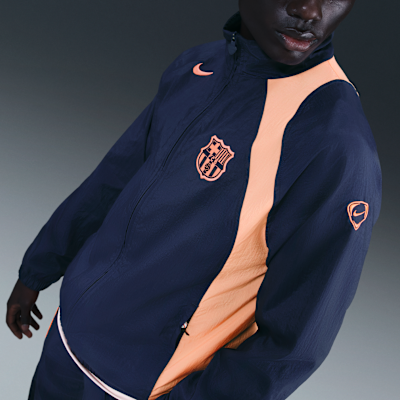 F.C. Barcelona Men's Nike Football Total 90 Football Tracksuit Jacket Midnight Navy/Bright Mango/Bright Mango