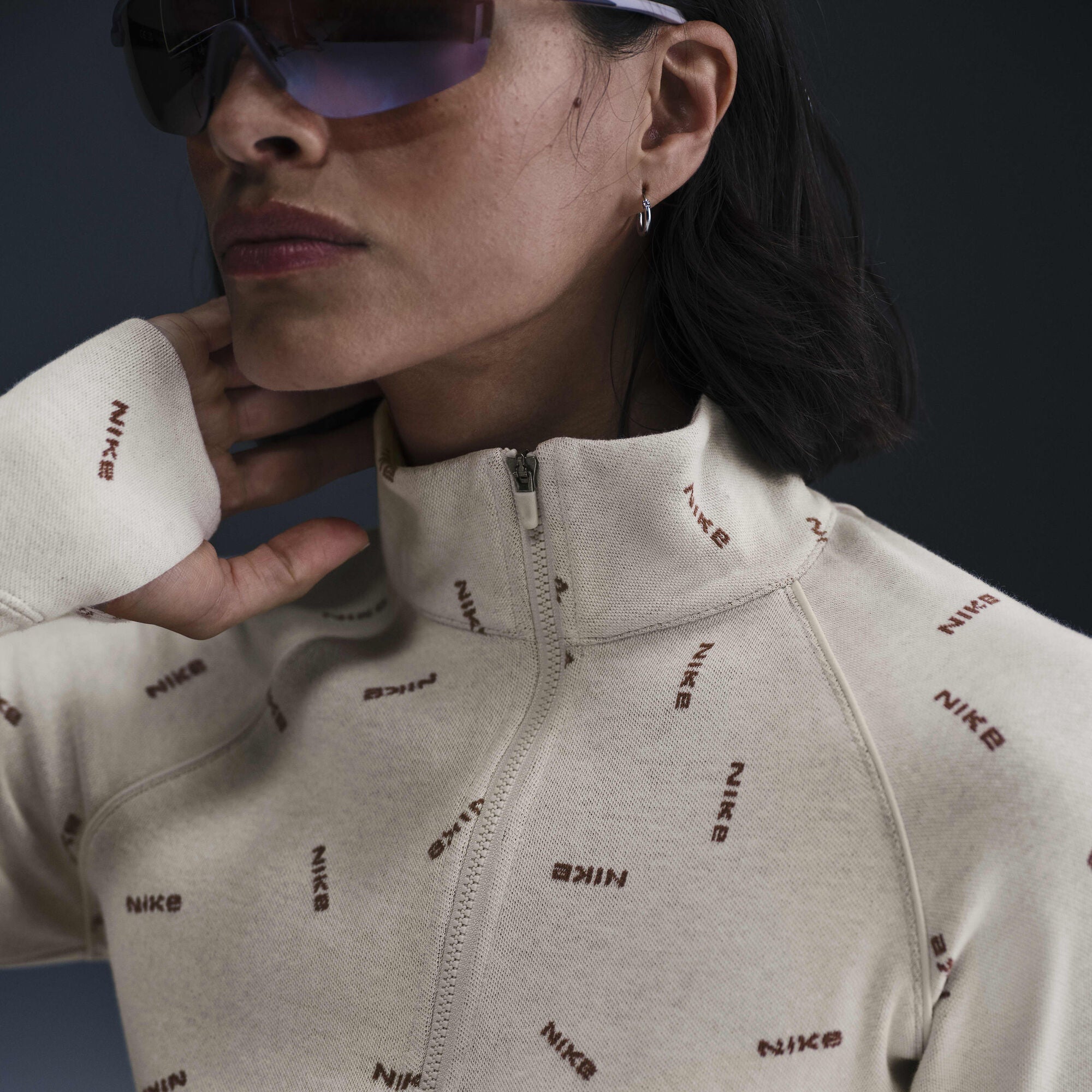 Nike Sportswear Collection Slim 1/2-Zip Long-Sleeve Logo Top Light Orewood Brown/Red Sepia/Light ...