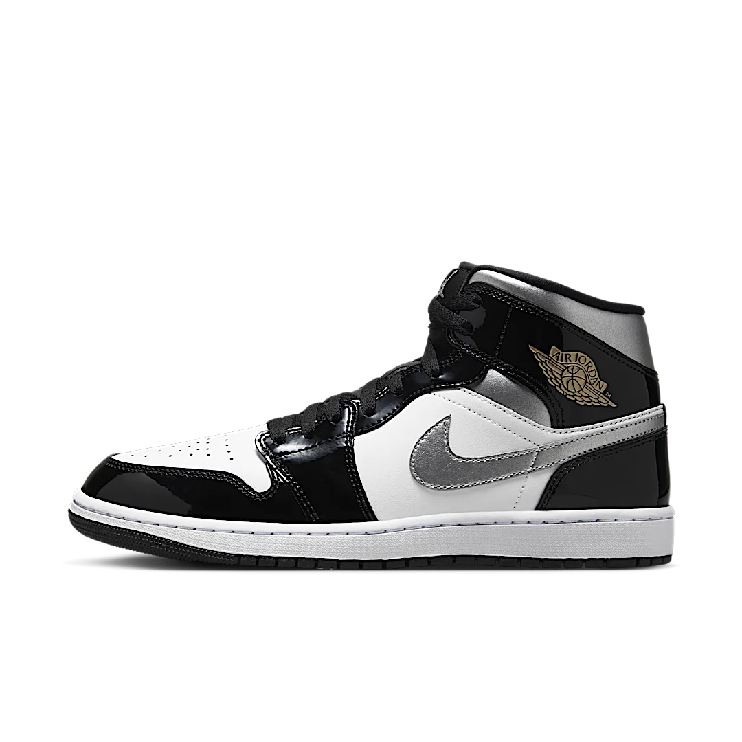 Air Jordan 1 Mid SE Patent Black White Metallic Silver Metallic Gold, Black/White/Metallic Gold/Metallic Silver (HV0789-010)