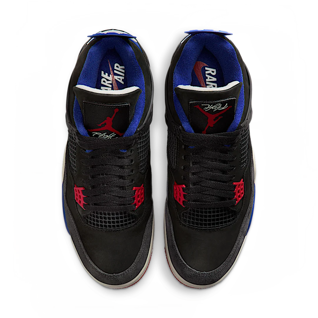 Air Jordan 4 Retro Rare Air, Black/Fire Red/Deep Royal Blue/Dark Smoke Grey/Tech Grey (FV5029-003 / IB4171-003)