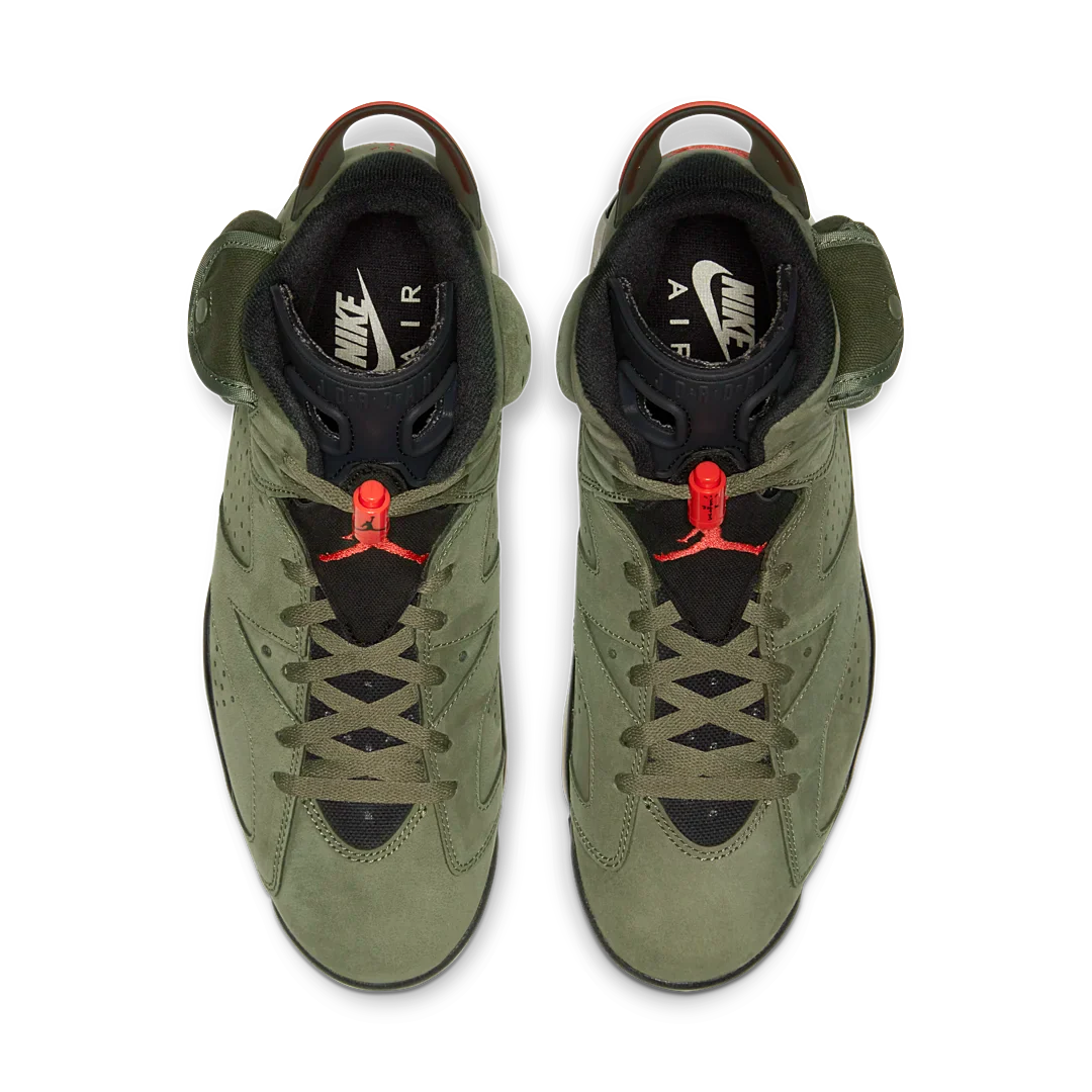 Air Jordan 6 Retro Travis Scott, Medium Olive/Black-Sail-University Red (CN1084-200 / CN1085-200)