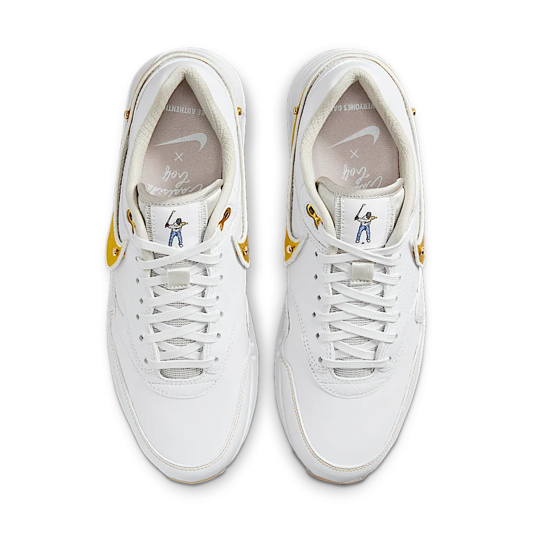 Nike Air Max 1 '86 OG Golf Eastside Golf Everyone’s Game. Be Authentic., White/Metallic Gold/Pure Platinum/Cool Grey (HQ3074-100)