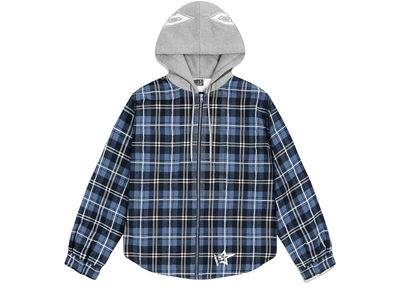 Sp5der Hooded Zip Flannel Shirt Jacket Blue Plaid