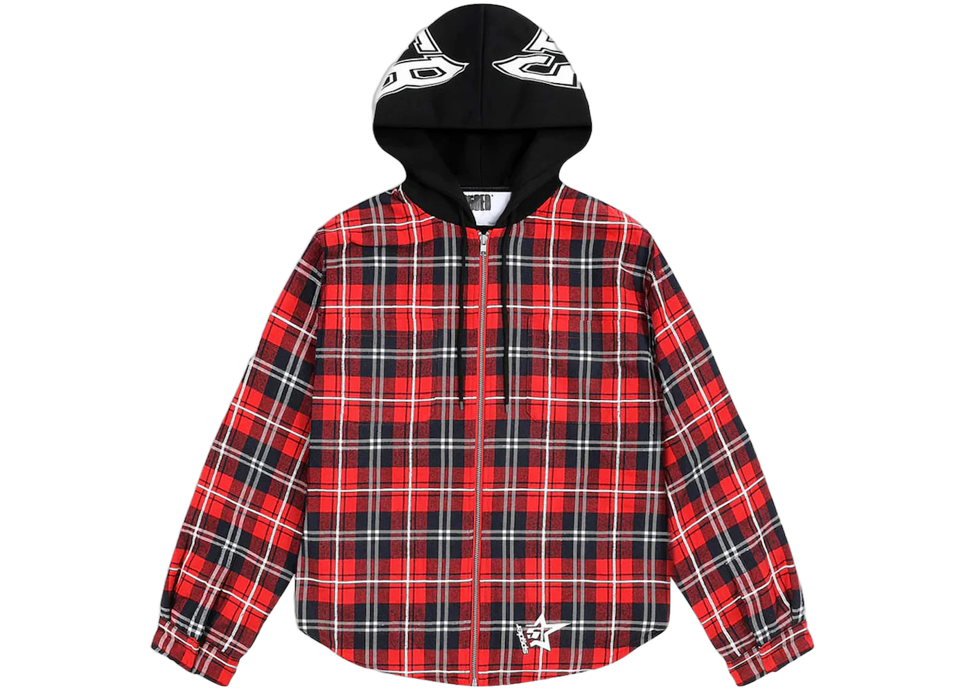 Sp5der Hooded Zip Flannel Shirt Jacket Red Plaid