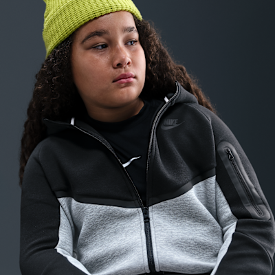 Nike Sportswear Tech Fleece Older Kids' Full-Zip Hoodie (Extended Size) Dark Grey Heather/Black/B...