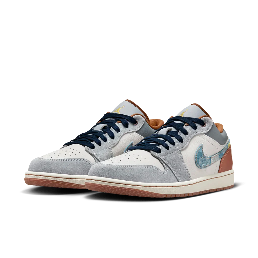 Air Jordan 1 Low SE Phantom Repaired Denim Swoosh, Phantom/Off White/Coconut Milk/Amber Brown/Star Blue (FZ5042-041)