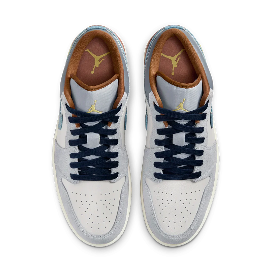 Air Jordan 1 Low SE Phantom Repaired Denim Swoosh, Phantom/Off White/Coconut Milk/Amber Brown/Star Blue (FZ5042-041)