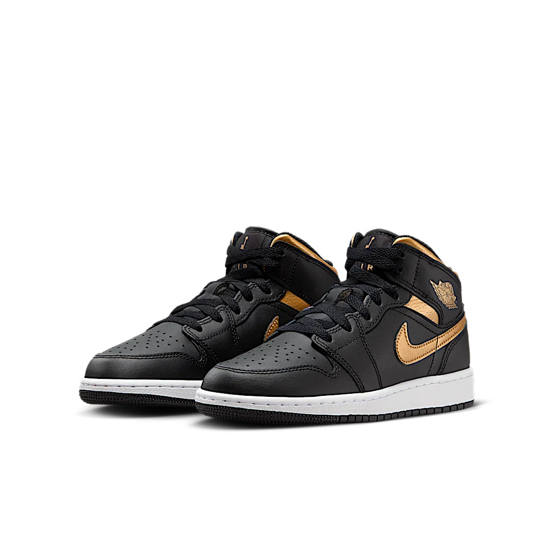 Air Jordan 1 Mid Black Metallic Gold Swoosh, Black/White/Metallic Gold (DQ8423-071)