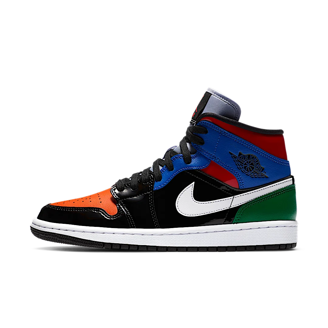 Air Jordan 1 Mid Multi Patent, Black/University Red-Hyper Royal (CV5276-001)