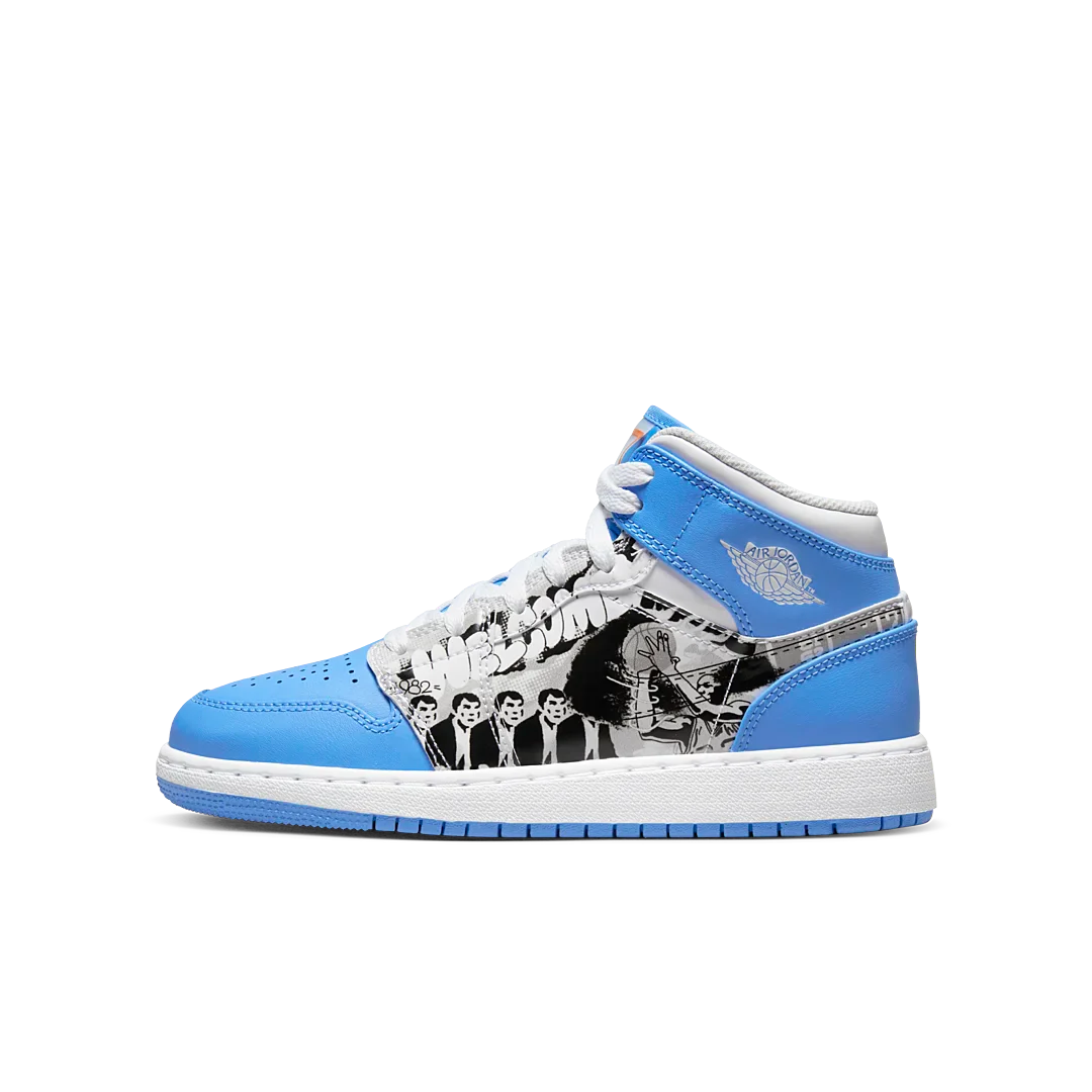 Air Jordan 1 Mid Sneaker School Game Winner, White/Starfish/University Blue (DR6492-100)