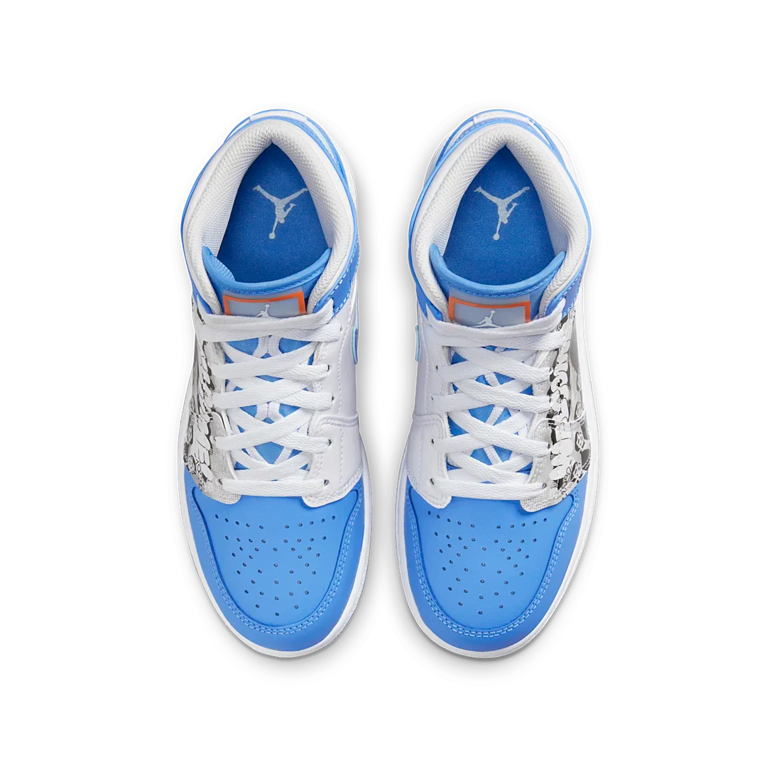 Air Jordan 1 Mid Sneaker School Game Winner, White/Starfish/University Blue (DR6492-100)