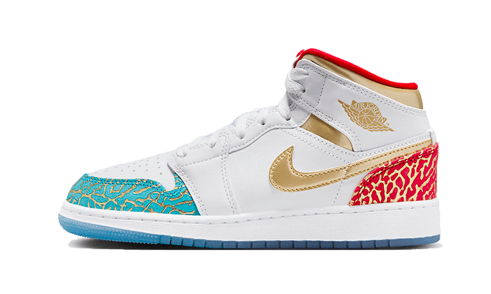 Air Jordan 1 Mid Sneaker School NC to Chicago, White/Metallic Gold-University Red-Blue Lightning-Wolf Grey (FB2212-100)