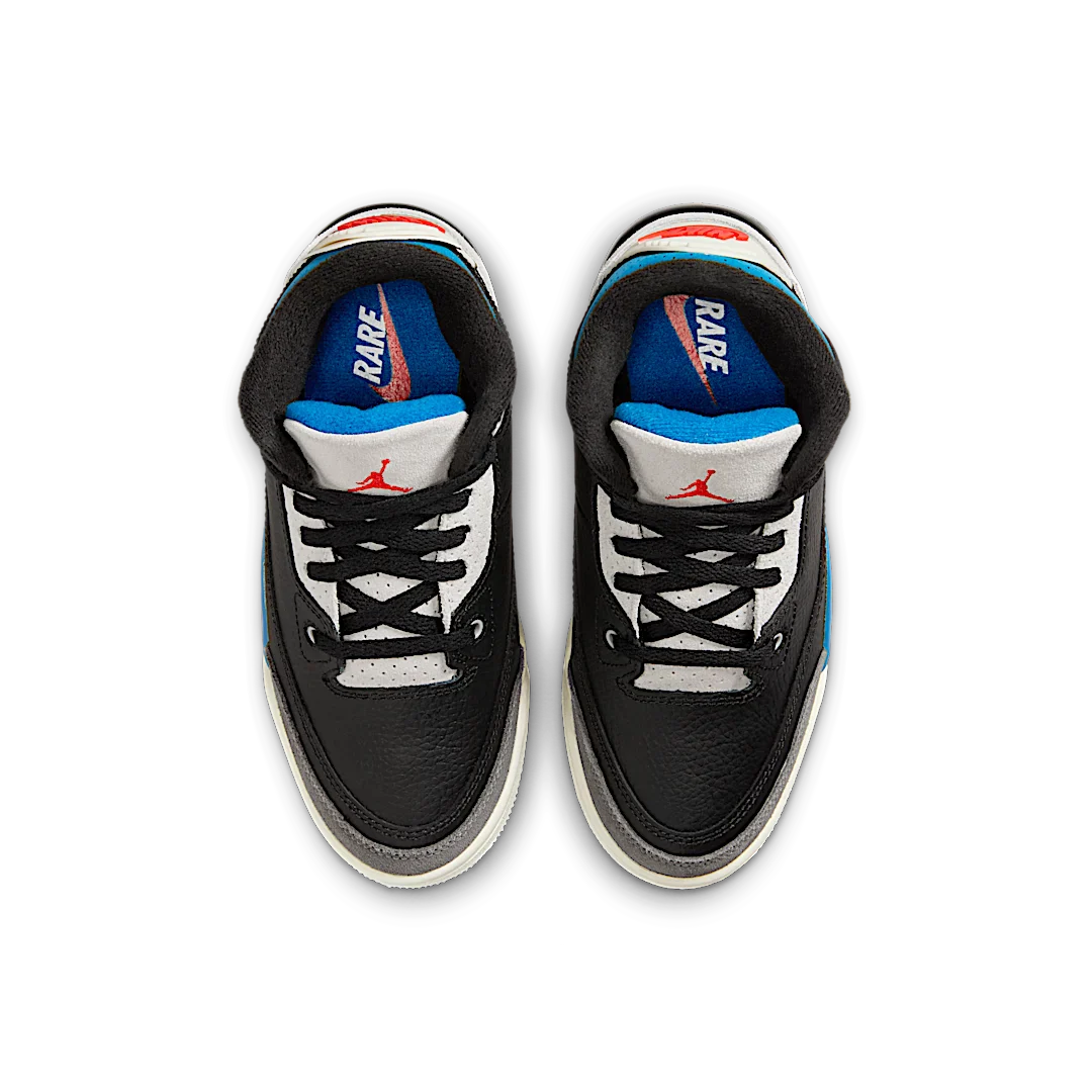 Air Jordan 3 Retro OG Rare Air (PS), Black/Chile Red/Neutral Grey/Military Blue/Coconut Milk (IB8969-004)