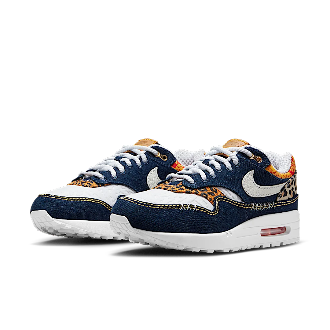 Nike Air Max 1 Premium Denim Leopard, Medium Blue/White/University Gold/Picante Red/Metallic Gold/Desert Ochre (FJ4452-432)