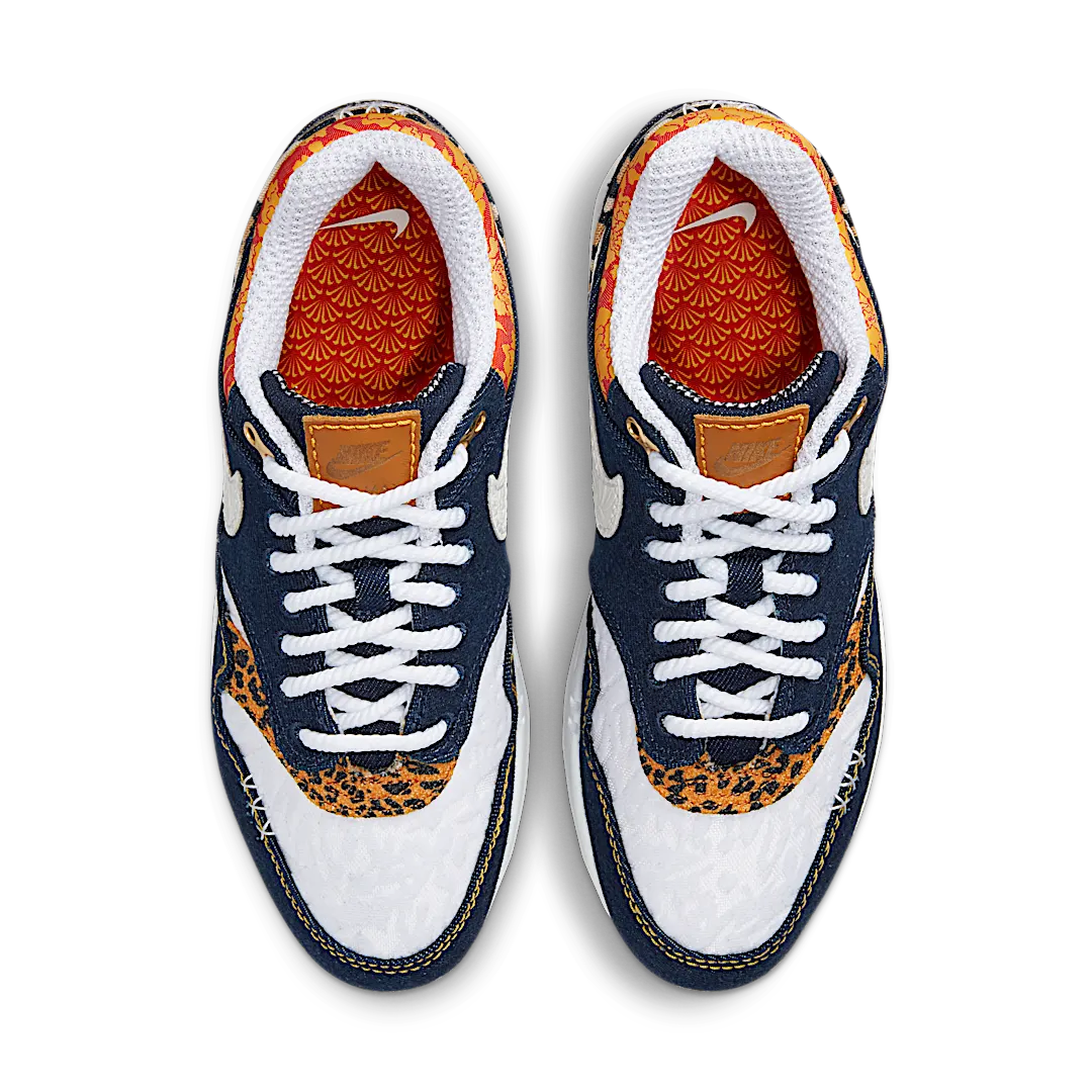 Nike Air Max 1 Premium Denim Leopard, Medium Blue/White/University Gold/Picante Red/Metallic Gold/Desert Ochre (FJ4452-432)