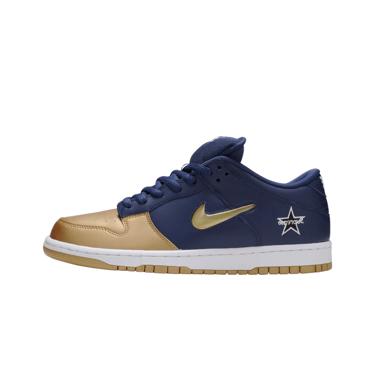Nike SB Dunk Low Supreme Jewel Swoosh Gold, Metallic Gold/Metallic Gold-Midnight Navy-White (CK3480-700)