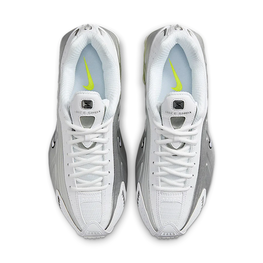 Nike Shox R4 White Metallic Silver Volt, White/Metallic Silver/Volt (AR3565-102)