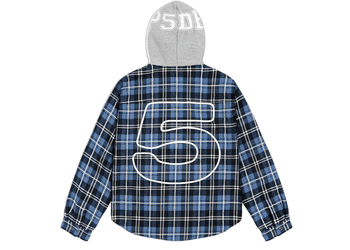 Sp5der Hooded Zip Flannel Shirt Jacket Blue Plaid