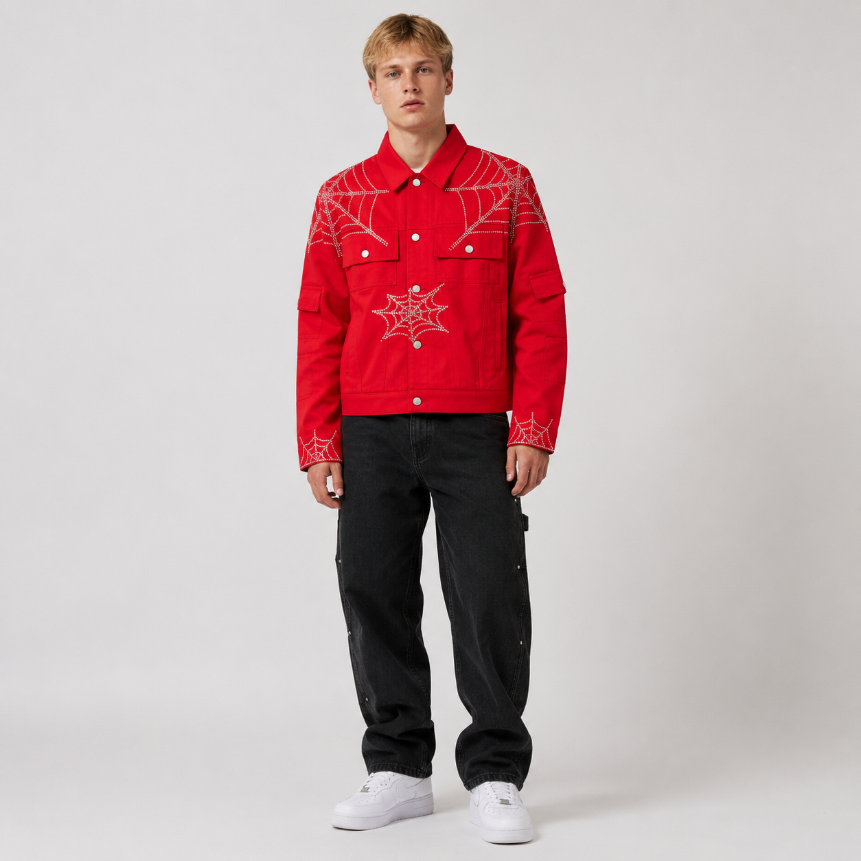 Sp5der Web Denim Cropped Trucker Jacket Red